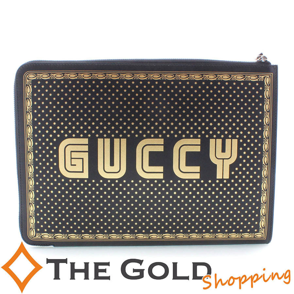 Gucci Guccy Pouch Bag Leather Business Shoulder Bag Gold Black
